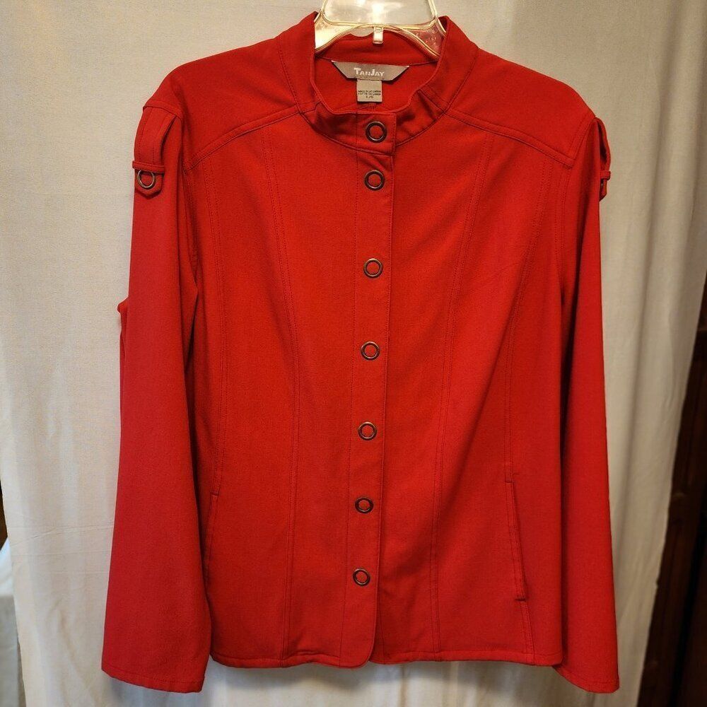 TANJAY VINTAGE RED JA SLEEVE, SIZE LARGE, GOLD HARDWARE, SNAP FRONT